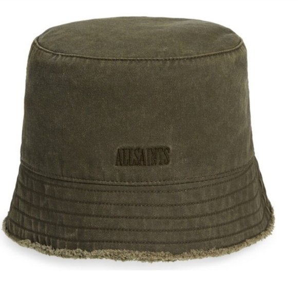 AllSaints Frayed Edge Bucket Hat Olive Green Spellout - Picture 1 of 5